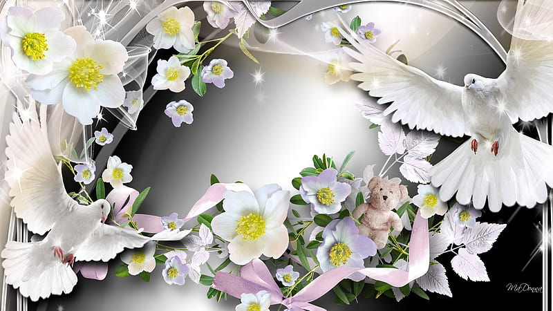 Spring Charm, shine, birds, peace, spring, ribbons, silver, pigeon, Easter, plush, flowers, dove, teddy bear, Firefox Persona theme, HD wallpaper