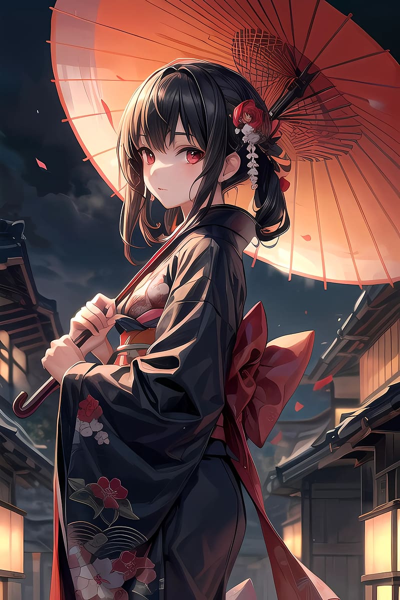 Girl, kimono, umbrella, jewelry, bow, anime, HD phone wallpaper | Peakpx