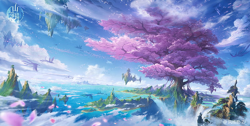 Fantasy tree, art, frumusete, fantasy, tree, luminos, jun zhang, pink, blue, world, HD wallpaper