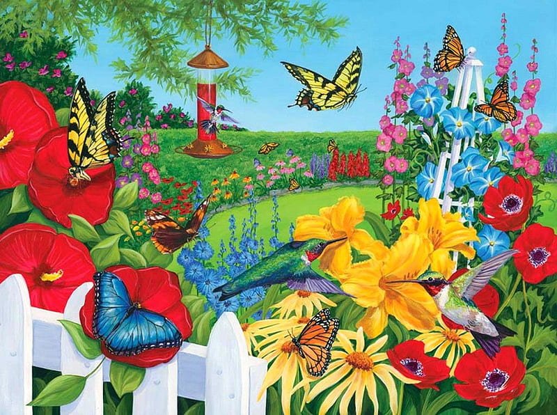 This is butterfly country, butterflies, bright, yellow, flowers, puzzle, jigsaw, HD wallpaper