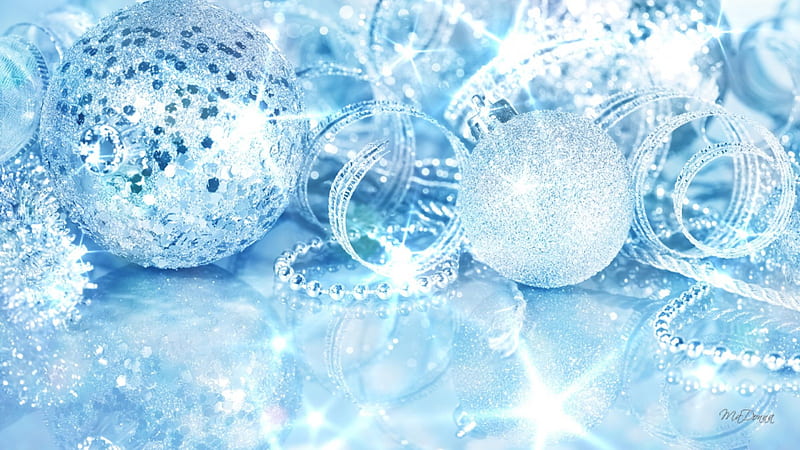 Shiny Blue Holiday, Christmas, glow, tinsel, New Year, ribbon, sparkle, balls, decorations, beads, blue, shiny, HD wallpaper