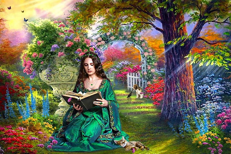 Girl Reading, digital, garden, flowers, woman, pretty, art, gown, book, bonito, fantasy, girl, reading, HD wallpaper