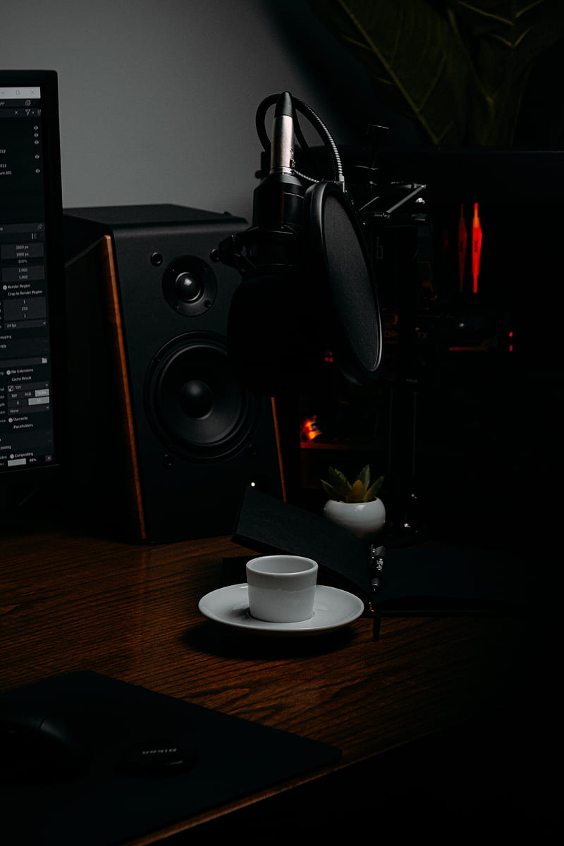 cup, microphone, speakers, dark, HD phone wallpaper