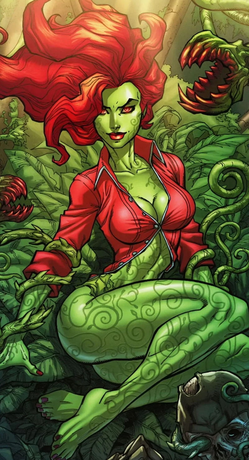 Poison Ivy red, art, batman, dc comics, harley quinn, poison ivy, HD phone wallpaper