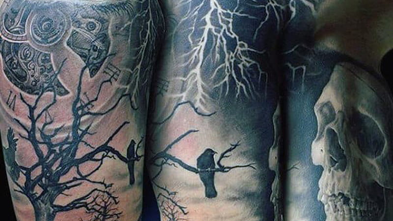 Tattoo tagged with: line, blackw, moon, crow, tree, bw | inked-app.com