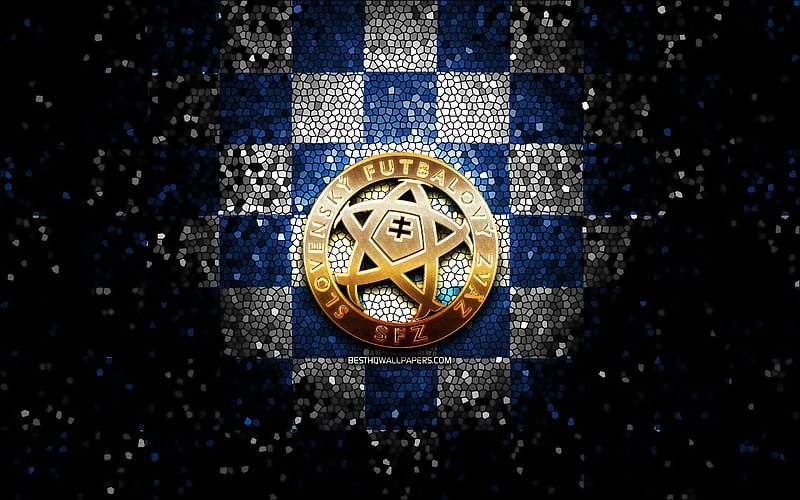 Slovak football team, glitter logo, UEFA, Europe, blue white checkered background, mosaic art, soccer, Slovakia National Football Team, SFZ logo, football, Slovakia, HD wallpaper