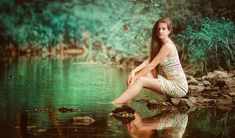 Beautiful girl in lovely place, pretty, river, trees, girl, HD ...