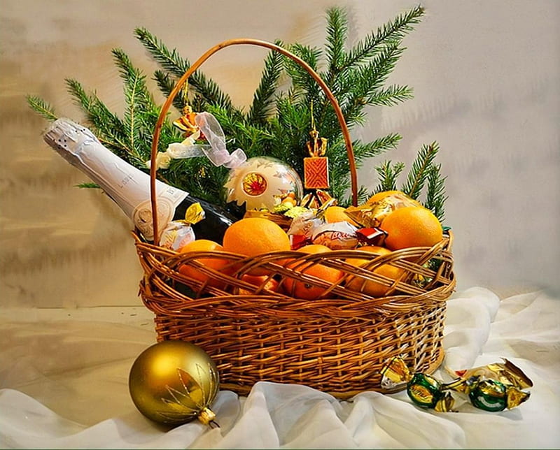 Basket, Christmas, ornaments, blessed, orange, bottle, abstract, joy, happy, winter, fruit, tree, graphy, champagne, season, gifts, HD wallpaper