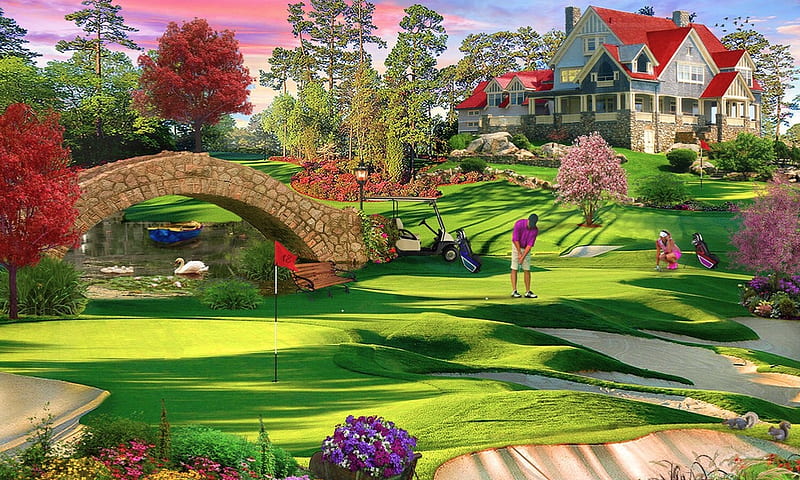 Golfers Paradise, people, digital, outdoors, Golfing, Swan, scenic, clubhouse, pond, green, bridge, esports, HD wallpaper