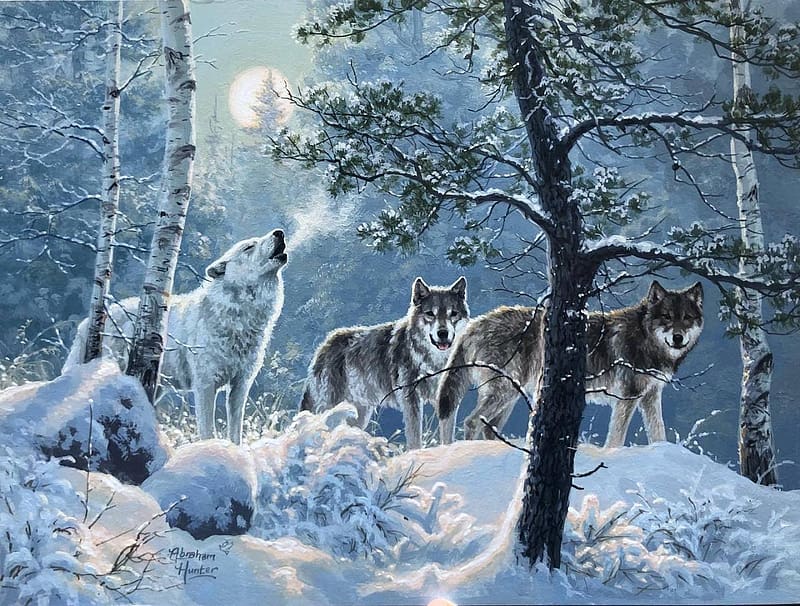 Wolves, blue, night, winter, art, abraham hunter, wolf, painting, moon, pack, pictura, iarna, luna, lup, HD wallpaper