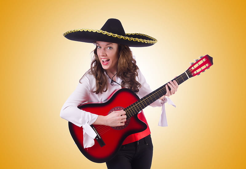 :D, red, instrument, guitar, girl, model, woman, mariachi, hat, HD wallpaper