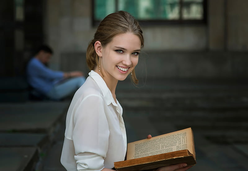 Cute Girl Smiling Book In Hand, girls, book, model, smiling, HD wallpaper
