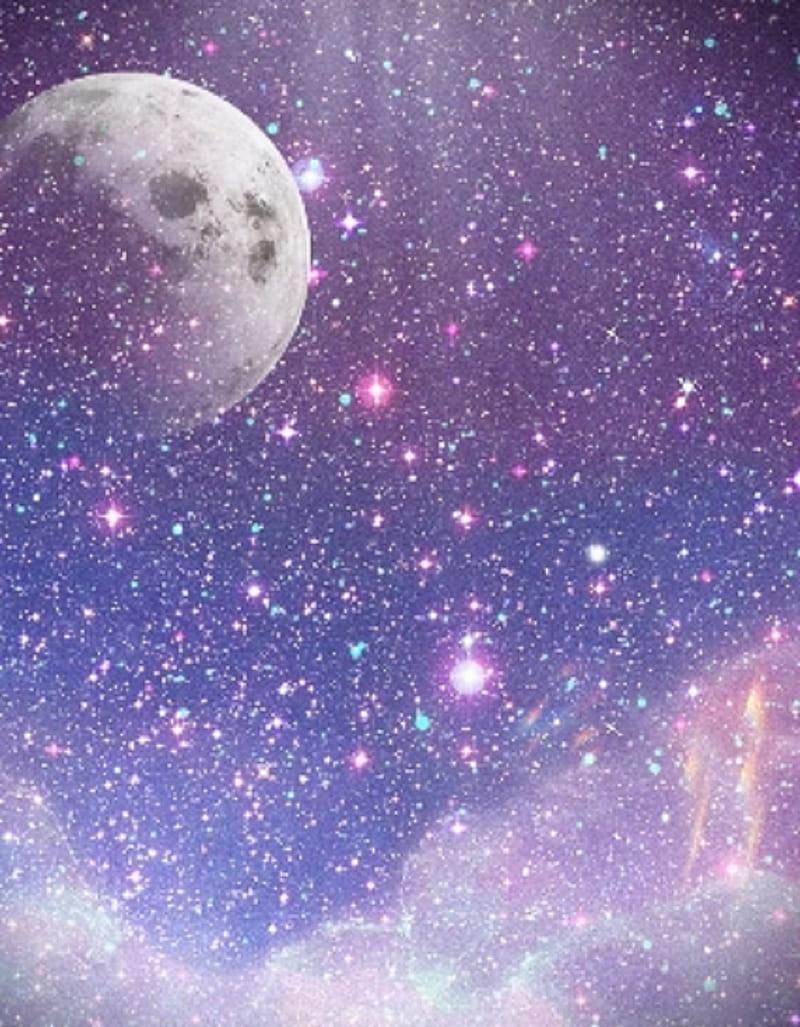 space and glitter, blue, cloud, moon, planet, purple, stars, tablet, HD phone wallpaper