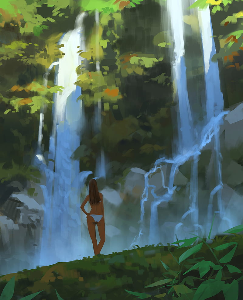 Shin jong hun, painting, women, bikini, water, plants, waterfall, HD phone wallpaper