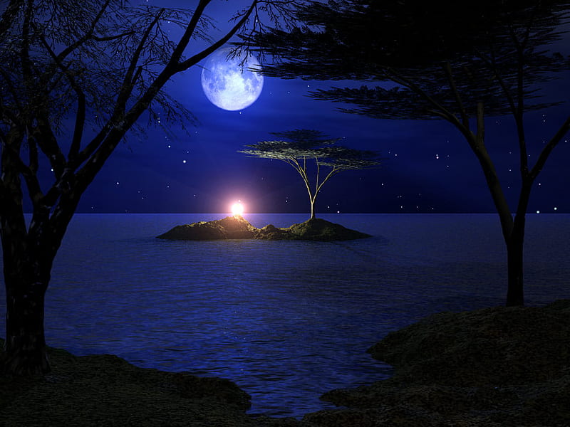 Moon vue, moon, 3d, trees, lake, night, HD wallpaper