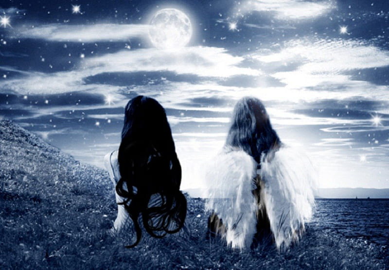 Angel Friend, stars, moon, friend, girl, angel, sea, night, friends, HD wallpaper