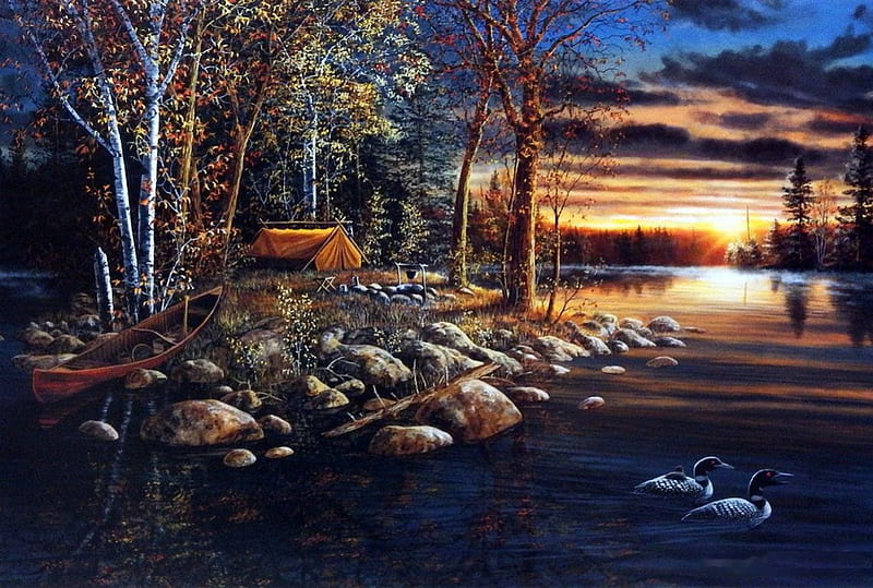 Wake up Call, autumn, camping, tent, ducks, sunset, trees, sky, clouds, artwork, stones, boat, painting, river, HD wallpaper