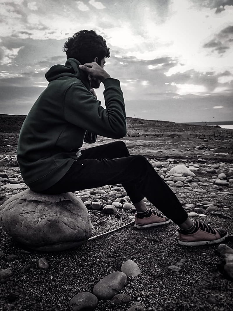 Alone, angle, black, hoodie, nature, sad, view, HD phone wallpaper