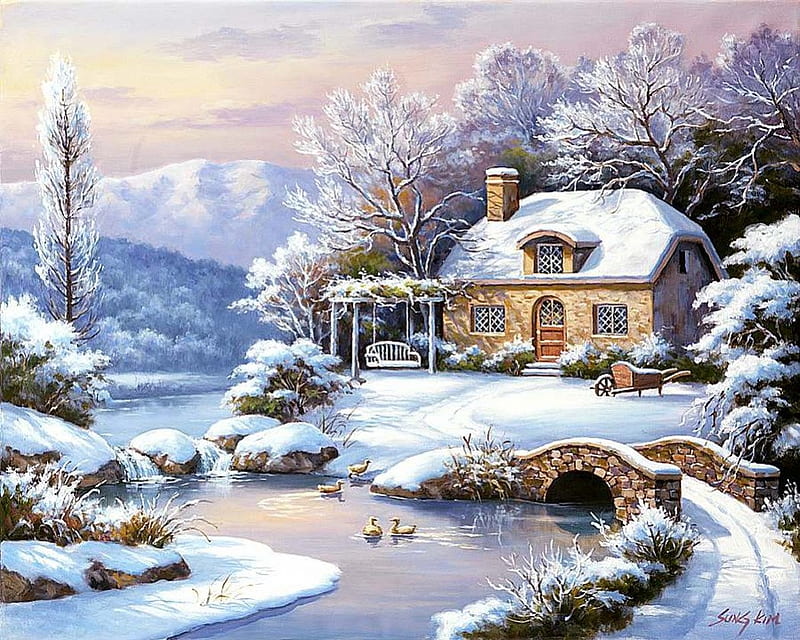By Sung Kim, art, snow, bridge, Sung Kim, river, winter, HD wallpaper
