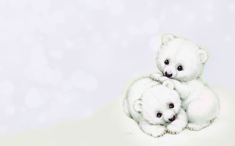 Polar bear cubs, art, bear, draw, cute, fantasy, cub, polar, child, white, couple, HD wallpaper