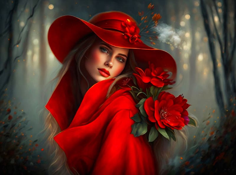 Lady in Red, red, , girl, lamamake art, woman, art, beautiful, elegant, digital, fantasy, hat, HD wallpaper