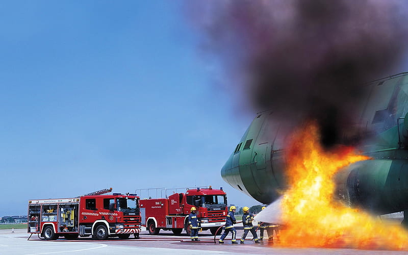 airport, trucks, fire, plane, emergency, HD wallpaper