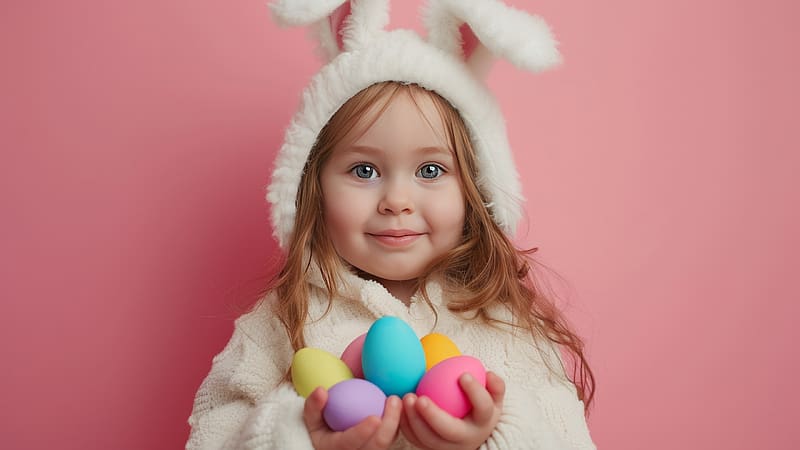 Happy Easter!, cute, egg, copil, bunny, little girl, blue, ears, girl, pink, white, hand, card, HD wallpaper