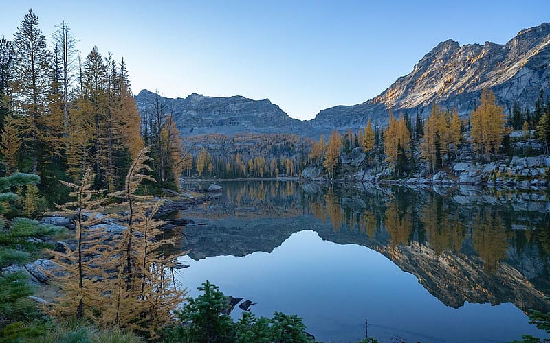 A Larch paradise in the Rocky Mountains of Montana, water, usa, reflections, trees, autumn, lake, rocks, HD wallpaper