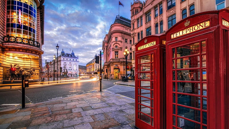 London: Red Telephone Booths, booths, red, telephone, London, street, HD wallpaper
