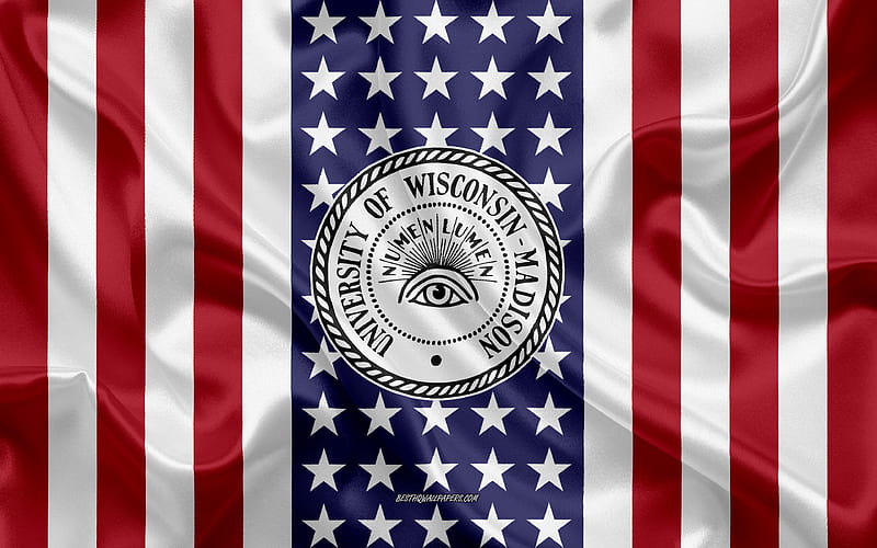 University of Wisconsin-Madison Emblem, American Flag, University of Wisconsin-Madison logo, Madison, Wisconsin, USA, University of Wisconsin-Madison, HD wallpaper