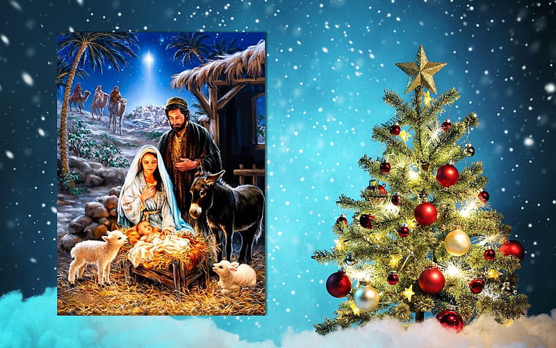 A Saviour is Born, donkey, birth, christmas, manger, tree, jesus, saviour, joseph, lamb, wise men, mary, star, night, HD wallpaper