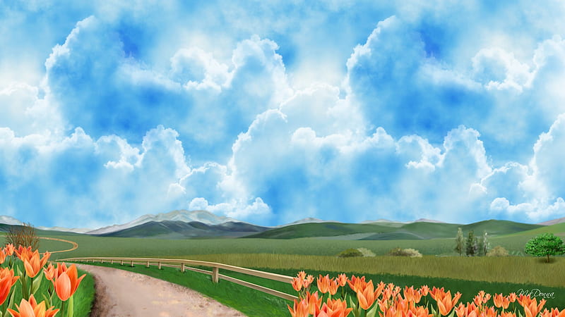 Long Winding Road, hills, fence, driveway, spring, country, sky, clouds, farm, mountains, flowers, path, tulips, road, field, HD wallpaper
