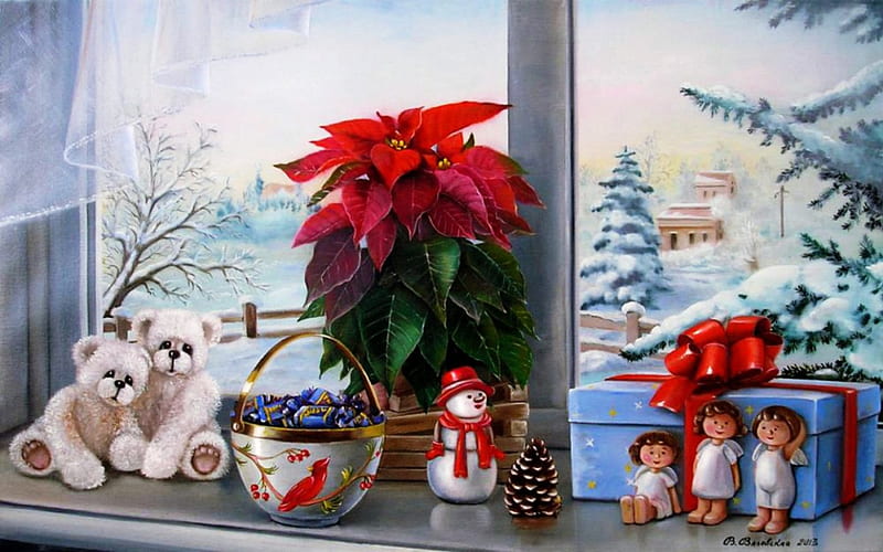 A Kid's Christmas Story, christmas, flowers, chocolates, gift, toys, window sill, bears teddy, HD wallpaper