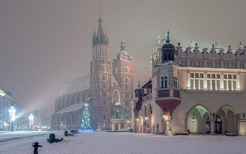 Winter in Krakow, Poland, market, Krakow, Poland, church, night, mist, winter, HD wallpaper