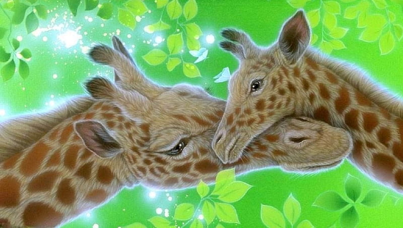 Giraffes Growth, family, giraffes, paintings, leaves, green, love four seasons, butterfly designs, animals, HD wallpaper