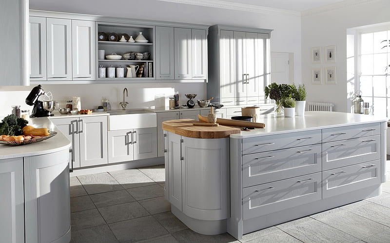 modern kitchen interior, modern design, English style, light kitchen, HD wallpaper