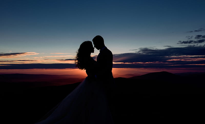 couple silhouette, bride and groom, sunset, romantic, sunset, Landscape, HD wallpaper