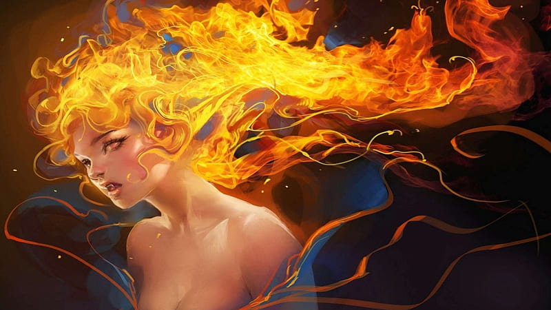 Flamme, femme, cheveux, feu, HD wallpaper