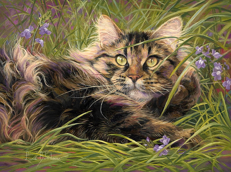 Kitten, art, grass, green, painting, pictura, cat, lucie bilodeau, pisici, HD wallpaper