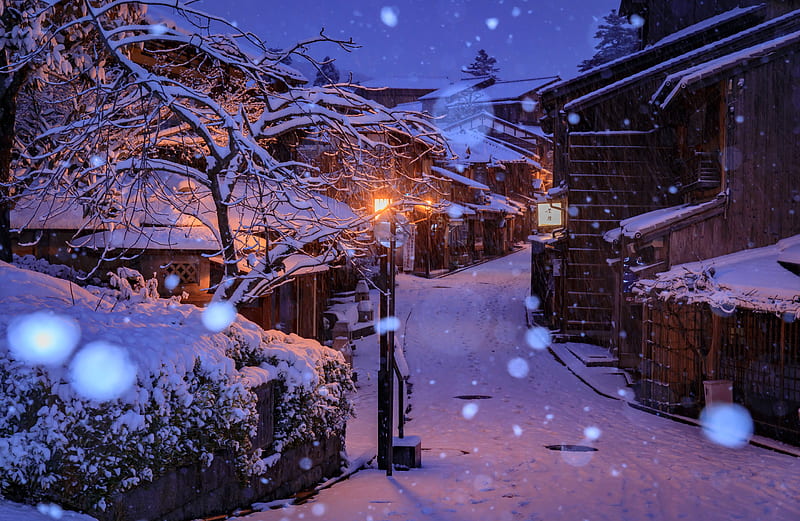 Winter in Kyoto, japan, Kyoto, japan, snow, houses, snowfall, street, winter, night, HD wallpaper
