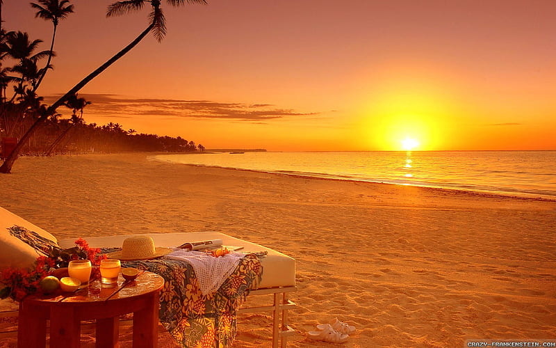 Beautiful sunset, table, exotic, food, sunsets, enjoyment, summer, beauty, nature, HD wallpaper