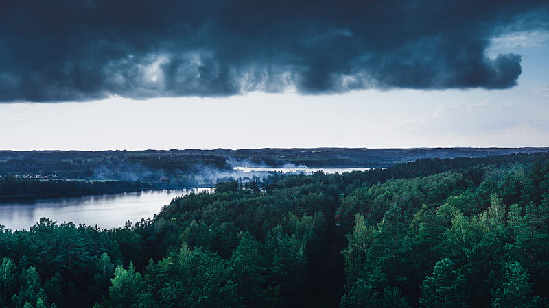 lithuania, lake, dark clouds, forest, Landscape, HD wallpaper