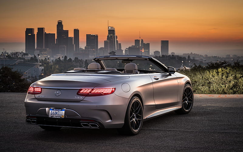 Mercedes-Benz S63 AMG, 4MATIC, 2018, silver cabriolet, rear view, luxury car, new silver S63, cityscape, Los Angeles, Mercedes, HD wallpaper