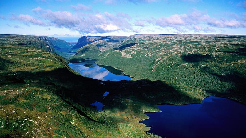 gros morne np newfoundland, lakes, gorge, clouds, mountains, HD wallpaper