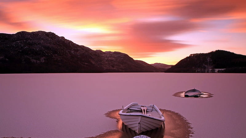 rowboats on a frozen lake, boats, mountains, sunset, frozen, lake, HD wallpaper