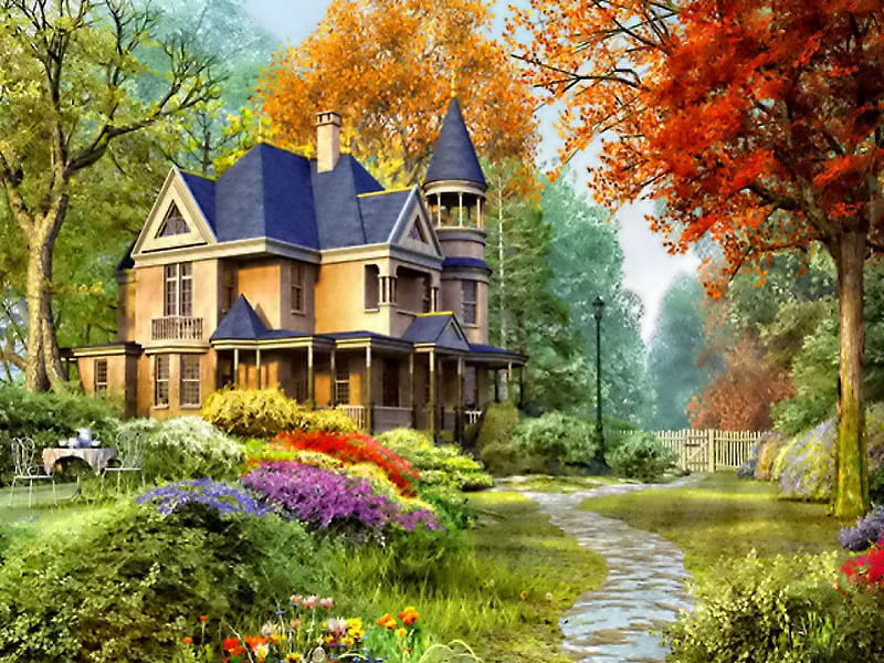 Countryside house, colorful, autumn, cottage, bonito, villa, bushes, tea, leaves, nice, calm, painting, path, flowers, beauty, countrysiousde, he, table, rest, forest, lovely, holiday, relax, greenery, trees, coffee, peaceful, summer, alley, castle, branches, HD wallpaper