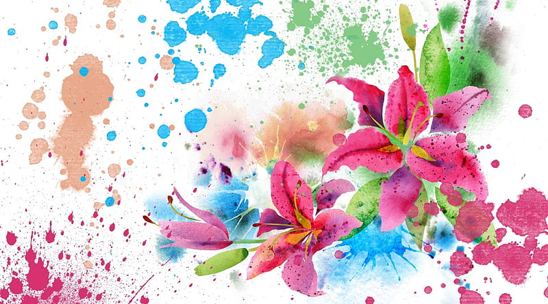 Splattered Painted Flowers, colorful, paint, lilies, spring, splattered, splash, bright, summer, flowers, watercolor, HD wallpaper