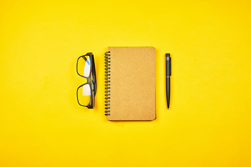 notepad, glasses, yellow, HD wallpaper