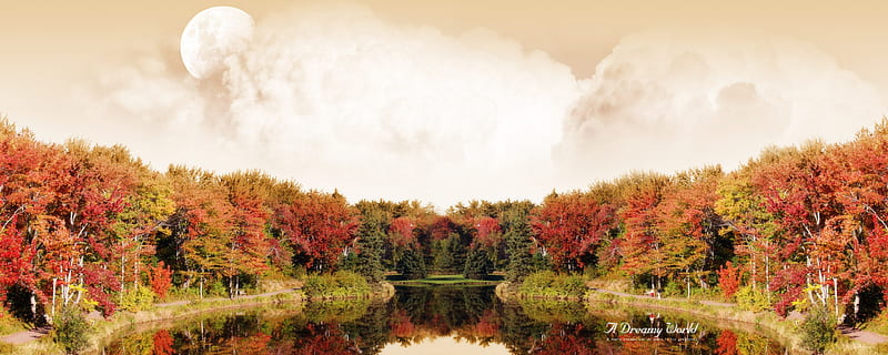 Dreamy World, autumn, trees, sky, clouds, lake, dual monitor, color, dual screen, forests, HD wallpaper