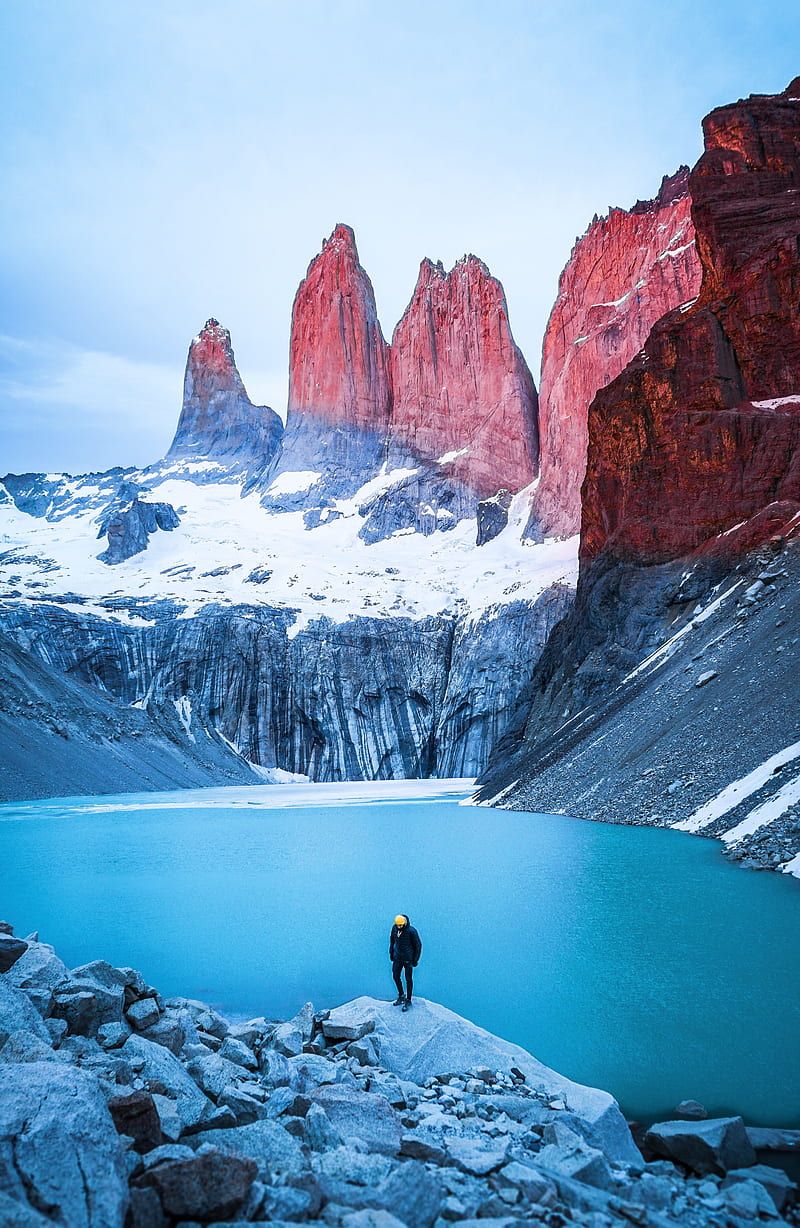 mountain, lake, man, solitude, travel, tourist, HD phone wallpaper